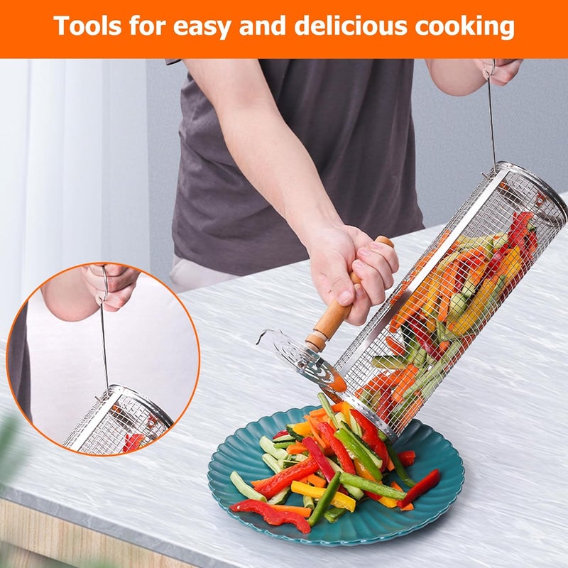 AUCMA Rolling Grilling Baskets for Outdoor Grill Bbq Net Tube Stainless Steel Large Round Mesh Barbecue Accessories Must Have Cylinder Cage Picnic Gear Cooking Camping Basket for Veggies Vegetable Fish - Image 5